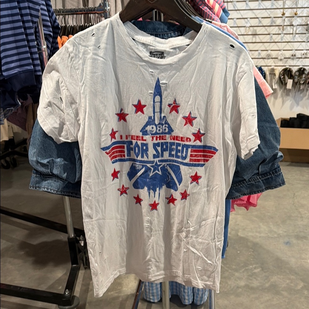 Country Deep White Short Sleeve Tee with Red & Blue Rocket Graphic